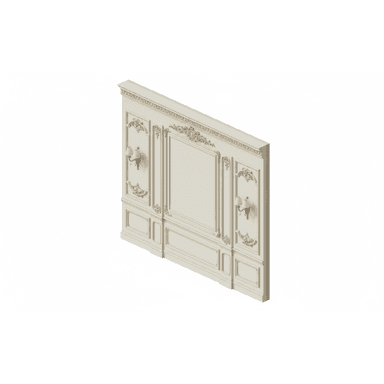 A decorative wall panel designed for interior decoration. It features ornate relief carvings, including floral and scroll motifs, with recessed rectangular panels. Two integrated wall sconces with white shades and gold-toned fixtures are mounted on the panel. The panel has a layered appearance with a primary off-white or cream color and gilded accents. — 3D model (AI enhanced source)