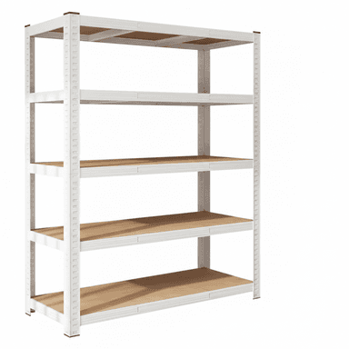 A five-tier shelving unit with a white powder-coated steel frame and light-colored wooden shelves, designed for robust storage. The vertical supports feature regularly spaced perforations, indicating an adjustable shelf height system. Its utilitarian design suggests suitability for industrial, garage, or heavy-duty storage applications. — 3D model (AI enhanced source)