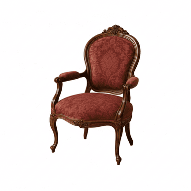 A single armchair featuring a dark, carved wooden frame and upholstered in a reddish-brown patterned fabric. The chair exhibits a distinctly Rococo or French Provincial aesthetic with its ornate detailing, cabriole legs, and curved backrest and armrests. — 3D model (AI enhanced source)