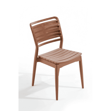 A modern side chair constructed from a single molded material, likely polypropylene, featuring a slatted seat and backrest, presented in a warm terracotta or reddish-brown color. — 3D model (AI enhanced source)