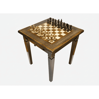 A dark stained wooden game table featuring an inlaid chessboard surface, tapered legs, and a single drawer, with chess pieces set up for play. — 3D model (AI enhanced source)