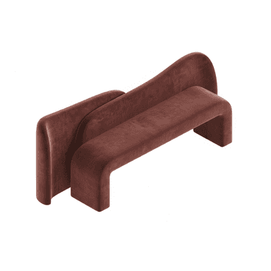 An upholstered daybed featuring a continuous, seamless design, covered in a reddish-brown velvet-like fabric. It comprises a curved seating surface that flows into a U-shaped base, paired with an integrated, wave-like backrest that offers support. — 3D model (AI enhanced source)