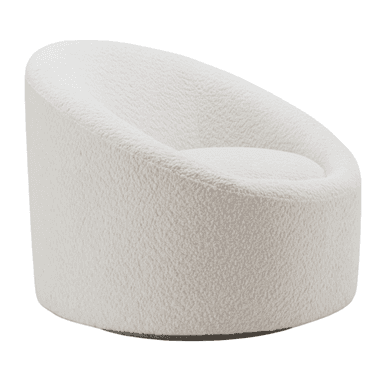 A contemporary lounge chair featuring a plush bouclé fabric upholstery in an off-white color. Its design is characterized by a rounded barrel shape with integrated backrest and armrests, suggesting a comfortable and enveloping seating experience. The chair has a low profile and appears to rest on a recessed swivel base. — 3D model (AI enhanced source)