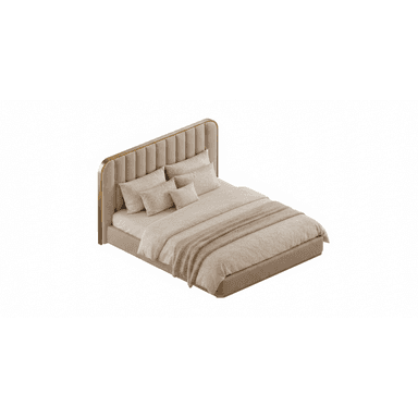 A modern upholstered platform bed featuring a tall, rectangular headboard with vertical channel tufting. The headboard and bed frame are covered in a light beige or taupe fabric. A sleek, golden-finished metal frame outlines the headboard and sides of the bed, providing a luxurious accent. The bed is furnished with a mattress, pillows, and a duvet in coordinating neutral tones. — 3D model (AI enhanced source)