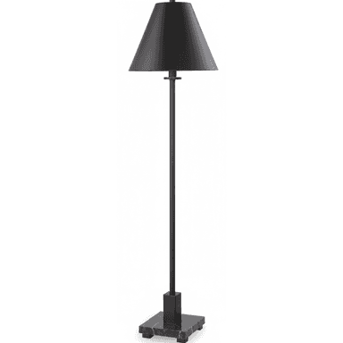 A modern floor lamp featuring a black conical metal shade, a slender black metal pole, and a square base made of black marble with subtle white veining. A small brass accent piece is visible just below the shade. — 3D model (AI enhanced source)