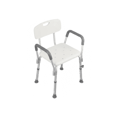 A white and silver adjustable height shower chair with a backrest and armrests, designed for safe bathing. It features a perforated seat and back for drainage, a lightweight aluminum frame, and non-slip rubber feet. — 3D model (AI enhanced source)
