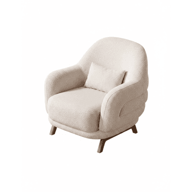 A contemporary upholstered armchair with a light-colored bouclé fabric, featuring rounded armrests, a cushioned seat, and four splayed wooden legs. It includes a small rectangular lumbar pillow. — 3D model (AI enhanced source)