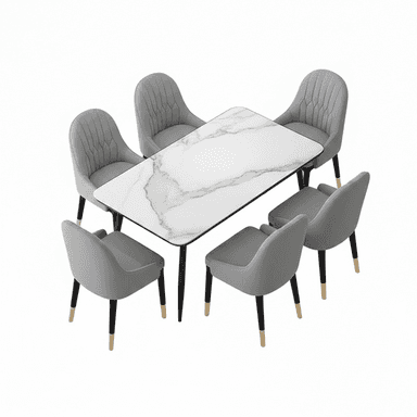 A modern dining set consisting of a rectangular table with a white marble-patterned top and six grey upholstered dining chairs, some with vertical channel tufting. — 3D model (AI enhanced source)
