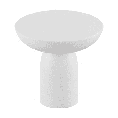 A minimalist white round side table featuring a smooth, matte finish. It consists of a circular tabletop with a slightly dished edge, supported by a sturdy, cylindrical pedestal base that tapers gently towards the top. The design is simple and monolithic, suggesting a modern aesthetic. — 3D model (AI enhanced source)