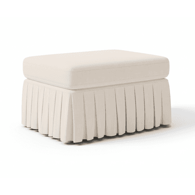 A rectangular upholstered ottoman featuring a padded top cushion and a pleated fabric skirt that conceals its base. The item is rendered in a light, neutral beige fabric with a subtle texture, presented against a clean white background. — 3D model (AI enhanced source)