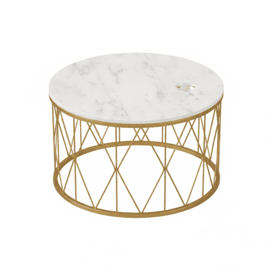A contemporary round coffee table featuring a polished white marble top and a metallic gold-finished base constructed from slender, interconnected metal rods forming an intricate geometric pattern. The table's design suggests a blend of modern elegance and glamorous aesthetics. — 3D model (AI enhanced source)