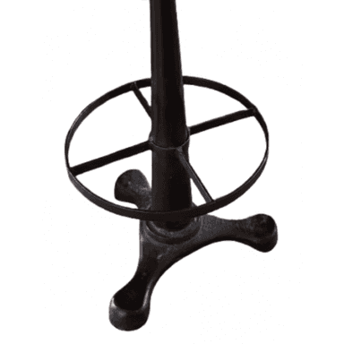 The image displays the lower section and base of an industrial-style bar stool. It features a heavy, dark-finished cast iron construction with a sturdy central pedestal shaft. The base is triangular with three splayed, rounded feet for stability, and a circular footrest is integrated into the shaft, characteristic of a tall seating design. — 3D model (AI enhanced source)