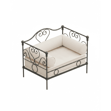 A small, ornate bed with a dark wrought iron frame and cream fabric cushions, featuring scrolled heart designs on the headboard/backrest and sides. — 3D model (AI enhanced source)