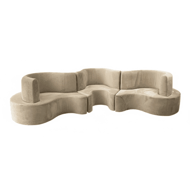 A modular, curved sofa with a sinuous, organic form. It appears to be upholstered in a soft, plush fabric and is composed of several interlocking sections. The design features rounded edges and a continuous, flowing silhouette, suggesting a contemporary or art deco influence. The sofa lacks visible legs, giving the impression it sits directly on the floor. — 3D model (AI enhanced source)