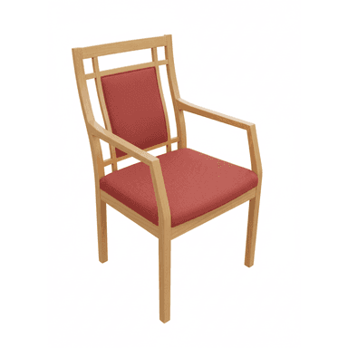 A contemporary dining armchair featuring a light wood frame and red upholstered seat and backrest panels. — 3D model (AI enhanced source)