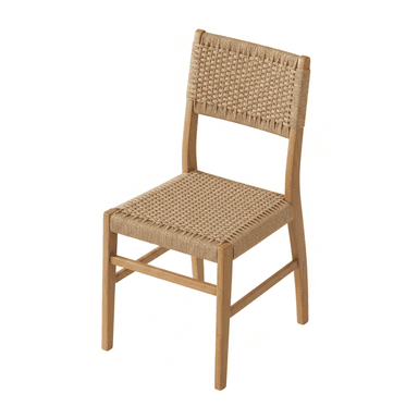 A dining chair with a light wood frame and a woven natural rope seat and backrest, featuring a minimalist design. — 3D model (AI enhanced source)
