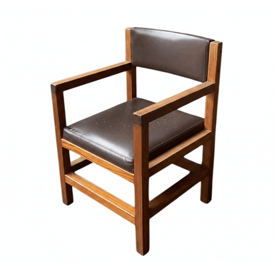 A wooden armchair with upholstered seat and backrest. The frame is constructed from solid wood beams, featuring a rectangular seat and back support. The armrests are formed by horizontal wooden beams connecting the front and back legs. The seat and back cushions appear to be covered in dark brown material, possibly leather or vinyl, with some visible flecks or dust on the seat cushion. The wooden frame has a natural finish, showcasing the grain of the wood. — 3D model (AI enhanced source)