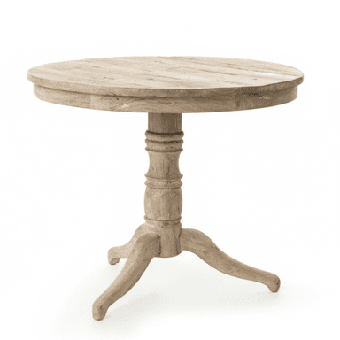 A light-colored round wooden pedestal table with a rustic or distressed finish, featuring a turned central column and three curved, splayed legs. — 3D model (AI enhanced source)