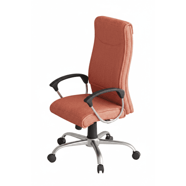 A modern office chair with a high backrest and armrests. The seat and backrest are upholstered in a textured, coral-colored fabric. It features a five-star base with casters for mobility and a central column for height adjustment. — 3D model (AI enhanced source)