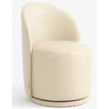 An armless swivel accent chair featuring a cylindrical upholstered base, a round seat, and a curved, rounded backrest, all covered in a smooth, cream-colored material. — 3D model (AI enhanced source)