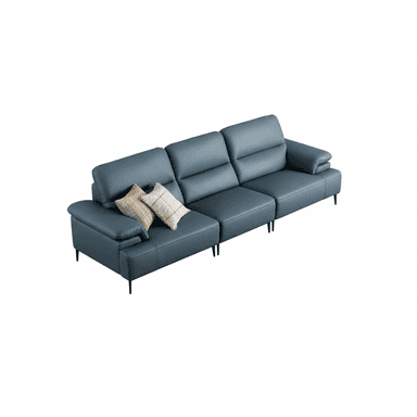 A modern, multi-segment sectional sofa upholstered in a blue-grey leather or high-quality faux leather. The sofa features a chaise lounge on the left side (from the viewer's perspective) and two additional seating segments. Each back cushion appears to have an adjustable headrest mechanism, visible by the segmented padding. The armrests are wide and plush. The entire sofa is supported by slender, black, tapered metal legs. — 3D model (AI enhanced source)