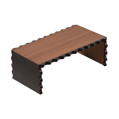 A compact desktop riser or monitor stand featuring a flat, rectangular top surface with a wood grain finish, supported by two solid, dark-colored side panels. The distinctive feature is the undulating, wavy contour along the top and bottom edges of the side panels, and along the front and back edges of the top surface where it meets the sides. The overall aesthetic is modern with a playful, decorative element. — 3D model (AI enhanced source)