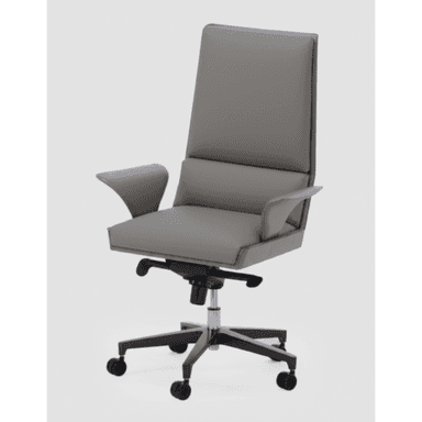 A modern executive office chair featuring a high back, upholstered in a sleek gray material, likely leather or faux leather. It has fixed, slightly curved armrests and a sturdy five-star base with casters for mobility. The base appears to be made of dark-finished metal with a central chrome-plated cylinder, indicating height adjustability and a swivel mechanism. The chair's design emphasizes comfort and ergonomic support suitable for extended periods of use. — 3D model (AI enhanced source)