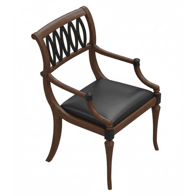 An elegant Neoclassical style armchair featuring a dark wood frame with a black upholstered seat and decorative black backrest elements. The chair has curved arms with black accents, turned front legs, and sabre-style rear legs. — 3D model (AI enhanced source)