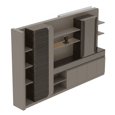A modern wall-mounted entertainment center featuring a multi-component design with open shelving, enclosed cabinets, and lower drawer storage. The unit combines a taupe/greige finish with dark, horizontally-grained wood accents on some cabinet faces and rounded elements. It includes display niches, illuminated shelves, and fluted textured panels. — 3D model (AI enhanced source)