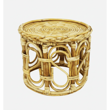 A round, intricately woven rattan accent table featuring a flat top and a decorative, openwork cylindrical base, showcasing natural light brown tones. — 3D model (AI enhanced source)