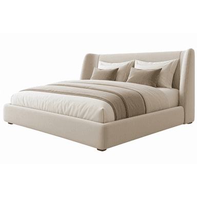An upholstered platform bed featuring a high, winged headboard, presented in a light beige fabric. — 3D model (AI enhanced source)