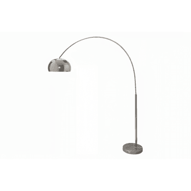 A modern arc floor lamp featuring a polished chrome-plated metal finish, a sleek arched stem, and a prominent domed shade. The lamp is supported by a sturdy, round, industrial-style base. — 3D model (AI enhanced source)