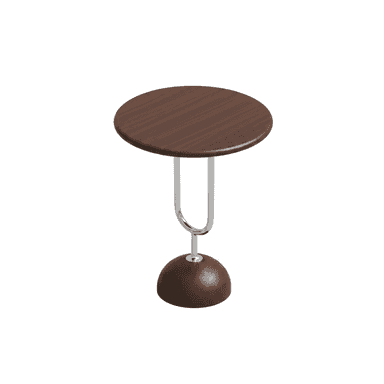 A modern round accent table with a dark brown wood-look top, a chrome-finished curved support, and a matching dark brown dome-shaped base. — 3D model (AI enhanced source)