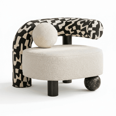 A contemporary accent chair featuring a rounded seat upholstered in light-toned bouclé fabric. The backrest is a prominent, thick, tubular arc, upholstered in a striking black and beige abstract geometric pattern. The chair is supported by dark, cylindrical legs, with one visible spherical leg crafted from dark marbled material. A matching spherical bouclé cushion rests on the seat. — 3D model (AI enhanced source)