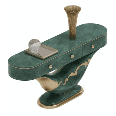 An elongated console table featuring a curved, sculptural base and an oval tabletop, finished in a dark emerald green marble-effect with striking gold-toned accents. It incorporates three discreet storage drawers with round brass pulls. — 3D model (AI enhanced source)