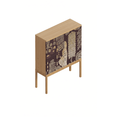 A tall, rectangular wooden cabinet featuring two doors adorned with a richly patterned, multi-colored design. The cabinet is constructed from light-toned wood, visible on its top, sides, and the four straight legs that elevate it from the floor. The intricate pattern on the doors displays abstract, organic shapes in shades of dark red, gold, cream, and brown, creating a striking contrast with the minimalist wooden frame. It appears to be a modern piece designed for storage. — 3D model (AI enhanced source)