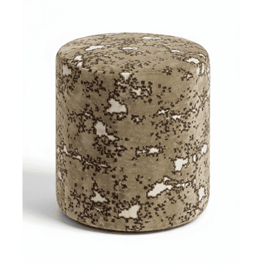 A fully upholstered, cylindrical ottoman featuring a distinctive digital camouflage pattern in shades of beige, brown, and off-white. The piece has a soft, plush texture, suggesting a velvet or similar pile fabric. Its round top and consistent diameter give it a clean, modern form. — 3D model (AI enhanced source)