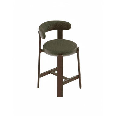 A modern bar stool with a dark wooden frame and a curved, upholstered seat and backrest in a textured green fabric. The frame consists of four legs connected by a crossbar, and the seat is round. The backrest is a semicircular shape that attaches to the rear legs. — 3D model (AI enhanced source)