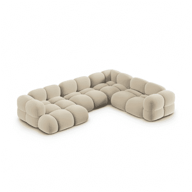 A large, U-shaped modular sectional sofa featuring a distinctive contemporary design composed of rounded, puffy, individual upholstered sections in a light beige or cream color. The sofa's low-profile construction and soft, cushioned appearance suggest a focus on comfort and a relaxed aesthetic. — 3D model (AI enhanced source)