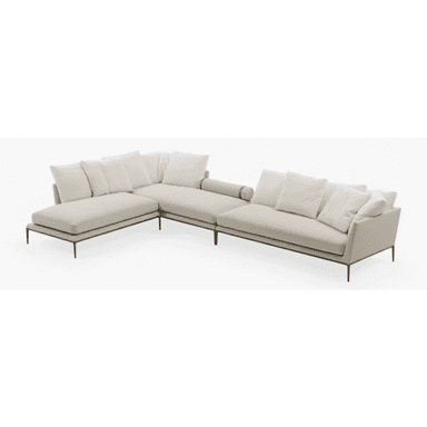 A contemporary light beige sectional sofa with a chaise lounge, supported by a minimalist black metal frame and slender legs. It features deep cushions and multiple loose back pillows, with a distinctive cylindrical armrest detail. — 3D model (AI enhanced source)