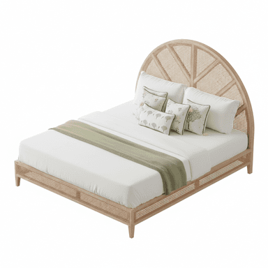 This image displays a modern platform bed crafted from light-toned wood and featuring intricate cane webbing. The most prominent feature is its semicircular headboard, which is divided into sections with the cane material creating a fan-like pattern. The bed frame's side rails also incorporate cane webbing, matching the headboard. The bed is dressed with a white mattress, white sheets, a light green throw, and several decorative pillows with nature-inspired patterns and green piping. — 3D model (AI enhanced source)