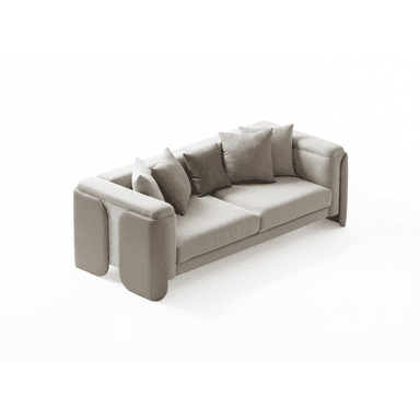 A contemporary three-seater sofa upholstered in a light greige fabric with distinctive wide, padded armrests featuring textured taupe side panels. The sofa has loose seat cushions and comes with an assortment of toss pillows in complementary greige and taupe tones, some with textured patterns. — 3D model (AI enhanced source)