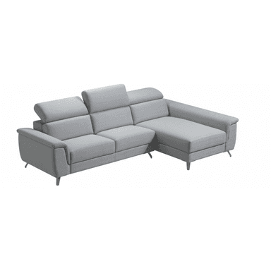 A modern sectional sofa with a chaise lounge extension. The sofa features multiple seat cushions, adjustable headrests, and is upholstered in a light gray fabric. It is supported by slender, angled legs. — 3D model (AI enhanced source)
