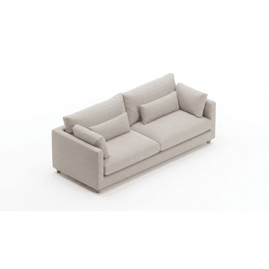 A contemporary three-seater sofa with a minimalist design. It features a clean-lined structure with deep, plush cushions for the seat and back. Two decorative lumbar pillows are placed in front of the back cushions. The sofa is supported by short, tapered wooden legs. — 3D model (AI enhanced source)