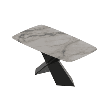 A rectangular dining table featuring a grey and white marble-patterned top with gently rounded corners, supported by a distinctive matte black geometric pedestal base composed of intersecting angled planes. — 3D model (AI enhanced source)