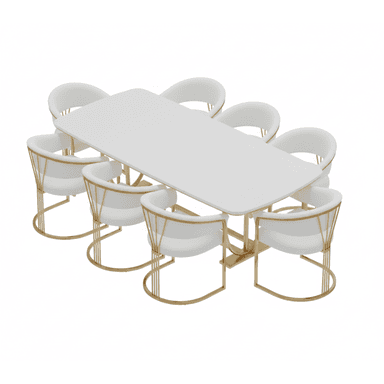 A contemporary dining set featuring a white rectangular table with rounded corners and a gold-finished pedestal base, accompanied by six matching dining chairs. Each chair has a white upholstered seat and backrest, supported by an intricate gold-finished metal wireframe base and back structure. — 3D model (AI enhanced source)