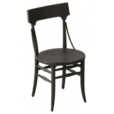 A dark-stained solid wood chair with a gently curved backrest panel and a round seat. The frame features bentwood-style construction with turned legs and connecting stretchers, presenting a classic, minimalist aesthetic. — 3D model (AI enhanced source)
