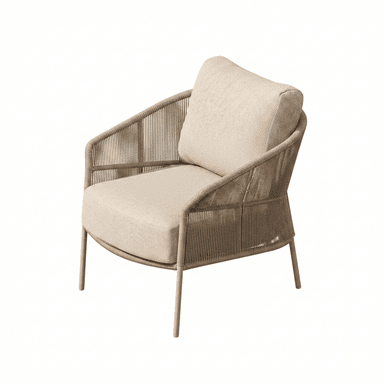 A contemporary lounge chair designed for comfort, featuring a rounded backrest and armrests constructed from tightly woven beige synthetic rope over a minimalist metal frame. It includes a thick, light-colored fabric seat cushion and a matching back cushion. The chair stands on four slender, angled metal legs, coordinating in color with the overall design. — 3D model (AI enhanced source)