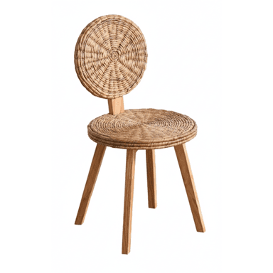A small, lightweight chair featuring a round, woven rattan seat and a matching circular backrest, supported by three splayed, light-toned wooden legs. — 3D model (AI enhanced source)