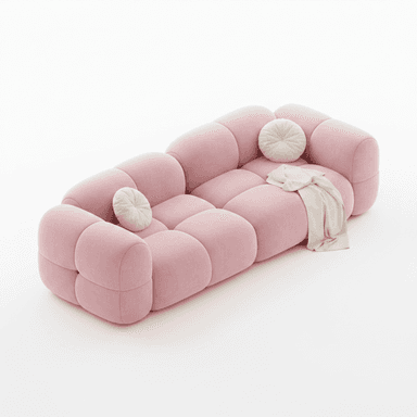 A contemporary pink modular sofa featuring a distinctive segmented, bubble-like design for both its seating and backrest, upholstered in a plush fabric. It is adorned with two round, cream-colored decorative pillows and a light-colored knitted throw blanket. — 3D model (AI enhanced source)